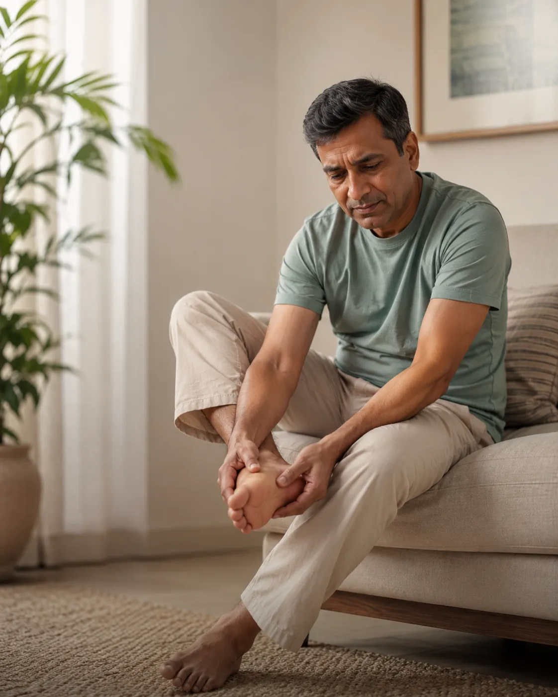 Man holding his foot in discomfort, indicating peripheral neuropathy and nerve health issues from high glucose